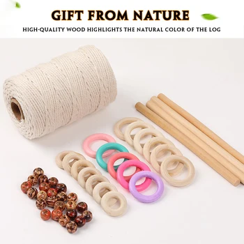 DIY Macrame Cord Naturale Sfoara Bumbac Lemn Inel Margele din Lemn Wood Stick Kit de Perete Agățat de Plante Cuier Ornament