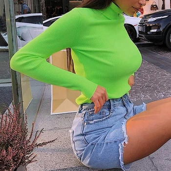 Femei Toamna Cu Maneca Lunga Pulover Guler Fluorescente Neon Culoare Solidă Slim Topuri Cu Nervuri Tricotate De Bază Jumper Tricou
