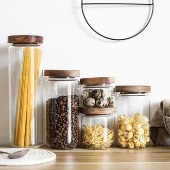 Sticlă De Stocare Borcan Transparent Bucătărie Alimentare Container De Depozitare Cu Capac De Bambus Pentru A Stoca De Cereale Făină De Orez, Zahăr, Făină