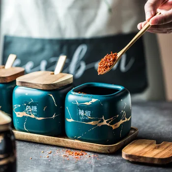 WBBOOMING 3PCS/Set Ceramic Condimente Spice Cutie de Depozitare Marmorat Borcane Organizator Nordic Ierburi de Gătit Suport de Lemn Și se Acoperă