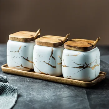 WBBOOMING 3PCS/Set Ceramic Condimente Spice Cutie de Depozitare Marmorat Borcane Organizator Nordic Ierburi de Gătit Suport de Lemn Și se Acoperă