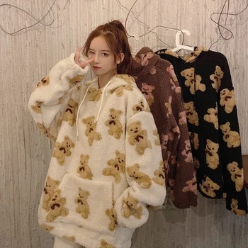 Femeile Harajuku Hanorace Jachete Imitatie De Miel Păr De Urs Hanorac Coreean Liber Pulover Casual De Iarnă Cu Blană Cald Unisex Streetwear