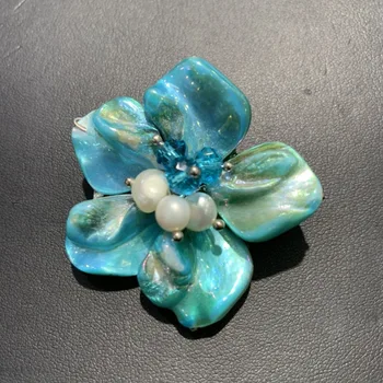 Naturale coajă floare broșă cu apă dulce pearl și crystal de culoare albastru moda femei si fete bijuterii artizanale