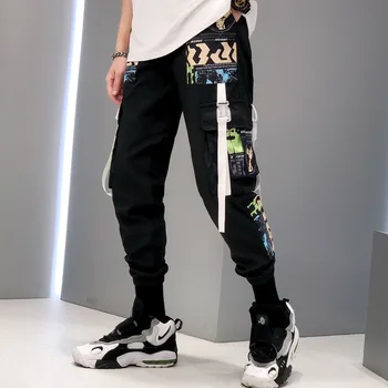 2021 Moda Swag Streetwear Bărbați Reflectorizante Hip Hop Vrac Cargo Pantaloni Sex Masculin Joggeri Graffiti Panglică Pantaloni Lenjerie Techwear Pantaloni