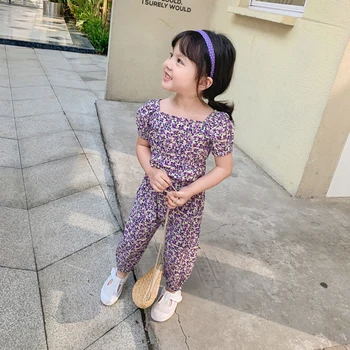 2020 Fete Noi coreean Plaid Floral Costum pentru Copii U-neck Top Și Pantaloni Set de Două piese pentru Copii Fete de Îmbrăcăminte