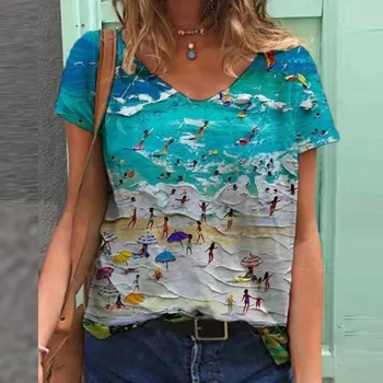 Moda Plaja Hawaii Pictura Imprimare Tricouri Bluza 2021 Vara Tricou V-Neck Topuri Pentru Femei Primavara Maneci Scurte Largi Blusas Pulover