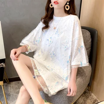 Fluture Brodat Scurt-maneca tricou Rochie din Dantela Femei 2021 Nou coreean Liber Mediu-Lung Casual, Plasă de Vară Strălucitoare Rochii