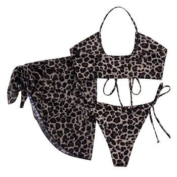3pc Femei costum de Baie Sexy Bikini Leopard de Imprimare de Costume de baie Push Up High Cut Lace Up Halter Bikini Set Înota Costum de Baie+Fusta de plaja