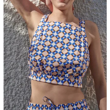 VUWWYV Za Crop Top pentru Femei Albastru Geometrice Carouri Femeie Bluze de Vară 2021 Curea Largă Backless Doamnelor Topuri fără Mâneci Tricouri Casual