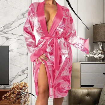 Elegant, Moda Femei Dantelă-up Rochii 2021 Primăvară Sexy V Adânc Gât Vrac Maneca Lunga, Pijamale Femei Printed Split Rochie Sacou