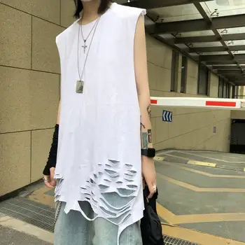 Fără mâneci T-shirt Femei Harajuku Hip Hop Rezervoare de Mari Dimensiuni tricou Alb Perforat Design Trunchiate Echipajul gât Vesta de Top Populare