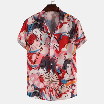2021 Vara Mens Tricou Hawaii Gheișă Japoneză de Imprimare Plaja Bluza Bluze Barbati Maneca Scurta Rever Roz, Tricouri Casual