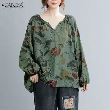 ZANZEA Femei Bluza imprimeu Floral 2021 Toamna Lenjerie de pat din Bumbac Tricouri Liber Casual cu Maneci Lungi V-neck Doamnelor Blusa Topuri Supradimensionate